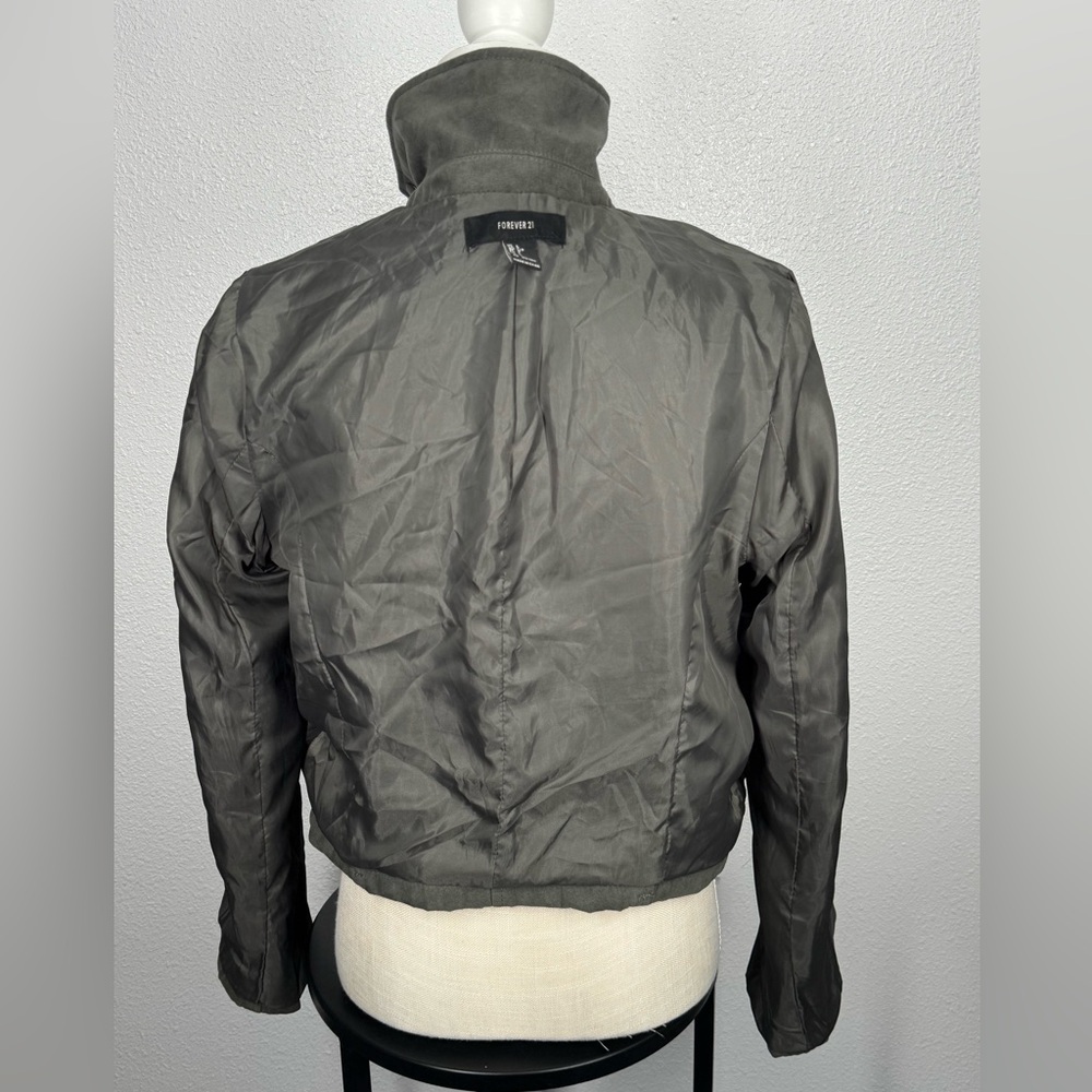 Forever 21 Olive Gray Faux Suede Moto Biker Jacket Large Zip Up - Picture 5 of 6